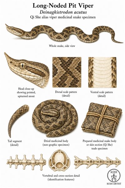 Scientific specimen plate of Long-Noded Pit Viper, Deinagkistrodon acutus, showing whole snake, scale details, dried medicinal body, and diagnostic Qi She specimen features.