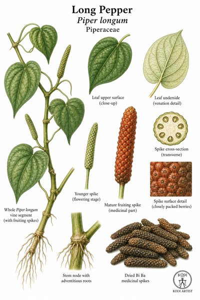 Botanical illustration of Long Pepper, Piper longum, showing vine, leaves, fruiting spikes, dried Bi Ba spikes, and diagnostic plant details.