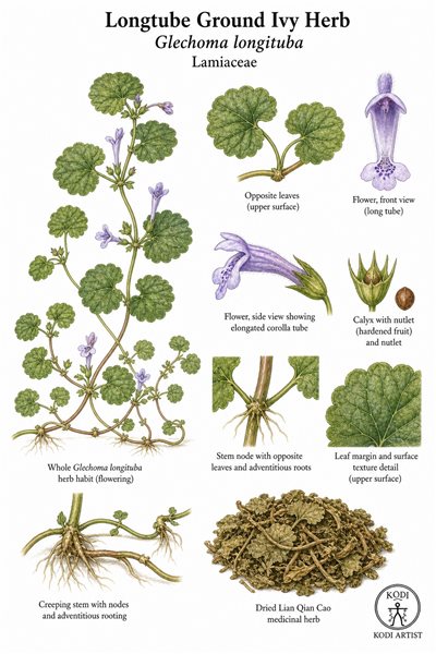 Botanical illustration of Longtube Ground Ivy Herb, Glechoma longituba, showing creeping herb habit, tubular violet flowers, dried Lian Qian Cao, and diagnostic plant details.