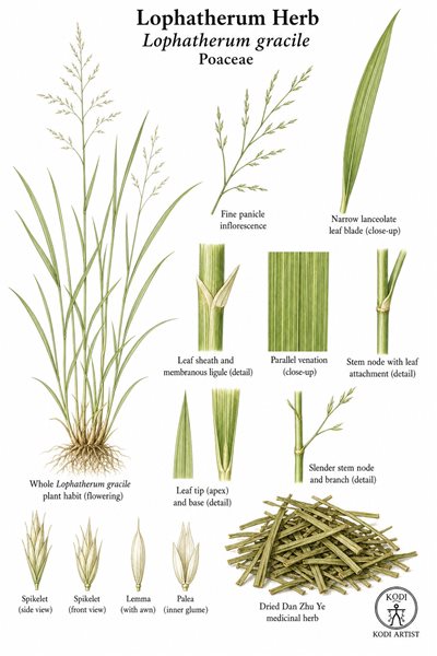 Botanical illustration of Lophatherum Herb, Lophatherum gracile, showing grassy Dan Zhu Ye habit, leaf details, dried herb material, and diagnostic plant details.