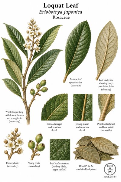 Botanical illustration of Loquat Leaf, Eriobotrya japonica, showing raw Pi Pa Ye leaves, felted underside, twig, and diagnostic plant details.
