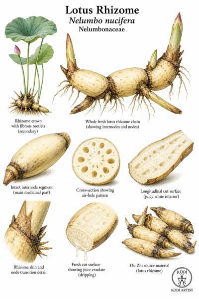 Botanical illustration of Lotus Rhizome, Nelumbo nucifera, showing fresh rhizome chain, internode cross-sections, Ou Zhi source material, and diagnostic plant details.