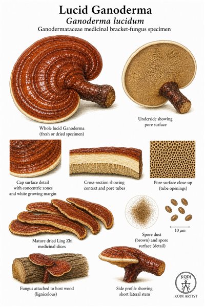 Scientific fungus specimen plate of Lucid Ganoderma, Ganoderma lucidum, showing lacquered bracket caps, pore underside, cross-section, dried slices, and diagnostic fungal details.