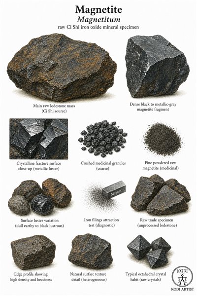 Scientific specimen plate of Magnetite, Magnetitum, showing raw lodestone masses, fracture surface, magnetic grit, and diagnostic medicinal mineral details.