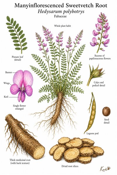 Botanical illustration of Manyinflorescenced Sweetvetch Root, Hedysarum polybotrys, showing flowering sweetvetch, pinnate leaves, pods, medicinal root, and diagnostic plant details.