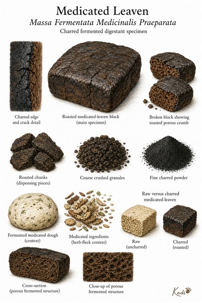 Scientific specimen plate of Medicated Leaven, Massa Fermentata Medicinalis Praeparata, showing roasted fermented blocks, charred crumbs, and diagnostic processed-herb details.