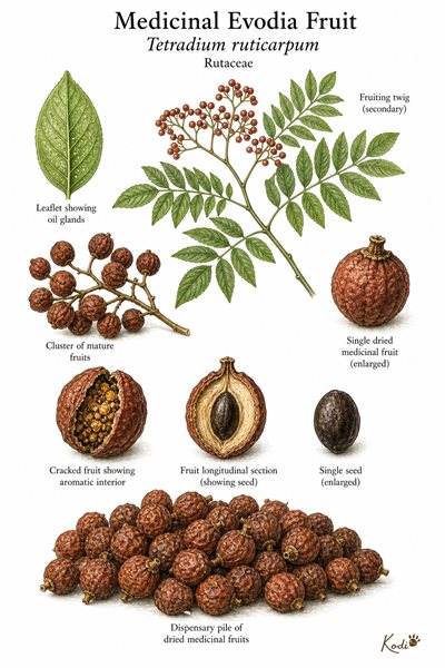 Botanical illustration of Medicinal Evodia Fruit, Tetradium ruticarpum, showing fruit clusters, dried Wu Zhu Yu material, seeds, and diagnostic plant details.
