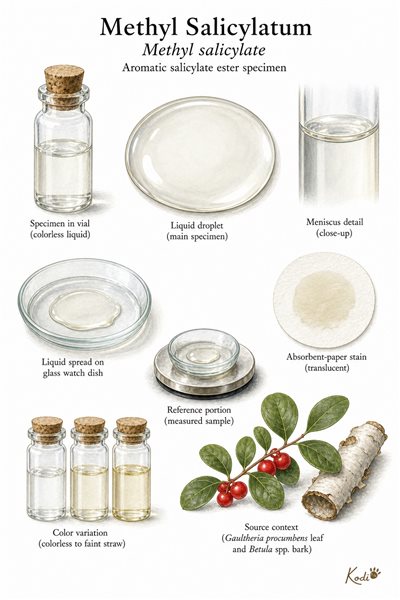 Scientific specimen plate of Methyl Salicylatum, Methyl salicylate, showing clear oily liquid, laboratory vial, and diagnostic aromatic ester details.