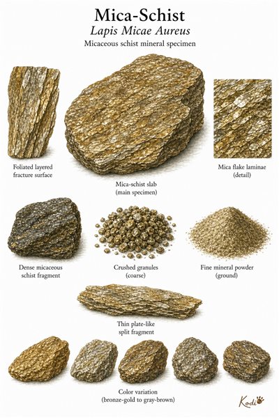 Scientific specimen plate of Mica-Schist, Lapis Micae Aureus, showing foliated slabs, mica laminae, powder, and diagnostic mineral details.