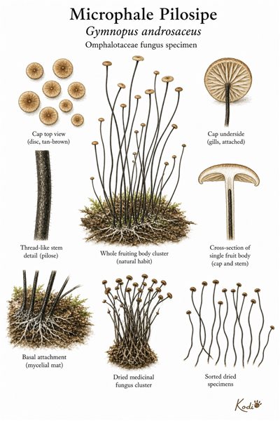 Scientific fungus specimen plate of Microphale Pilosipe, Gymnopus androsaceus, showing thread-like stems, tiny caps, dried clusters, and diagnostic fungal details.
