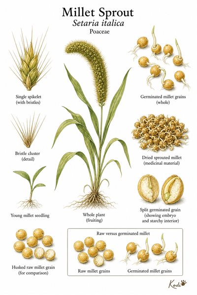 Botanical illustration of Millet Sprout, Setaria italica, showing foxtail millet source, germinated grains, dried sprouts, and diagnostic plant details.