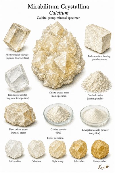 Scientific specimen plate of Mirabilitum Crystallina, Calcitum, showing calcite masses, cleavage fragments, powder, and diagnostic mineral details.
